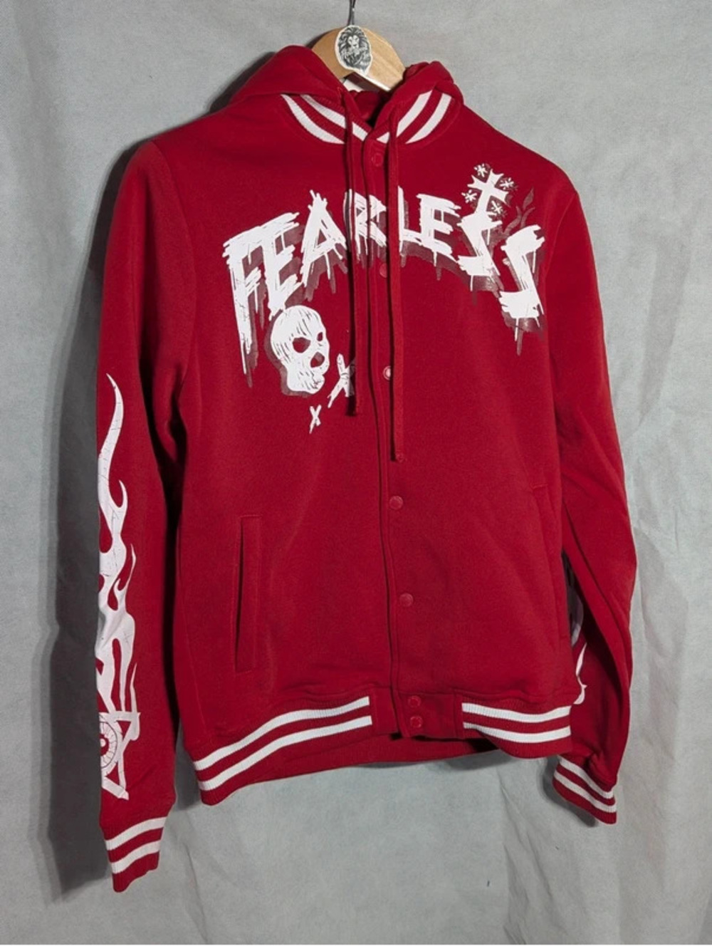 NWT Rebel Minds Red Fearless Graphic Hooded Snap Varsity Jacket Mens Size M